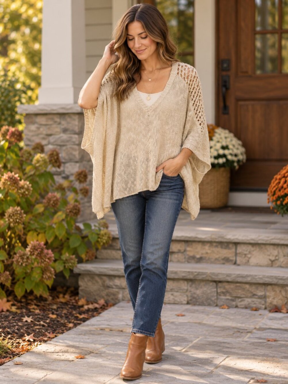 Kye Mi Oatmeal Open Knit V Neck Batwing Sleeve Sweater Size Large